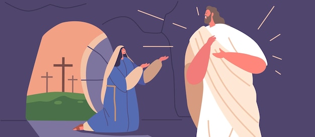 Vetor a personagem de maria madalena encontrou jesus em uma caverna após sua ressurreição experimentando uma poderosa
