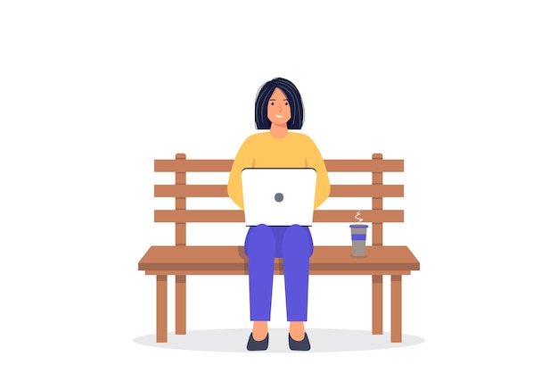 A personagem feminina está sentada com um laptop em uma bancada. Conceito de trabalho remoto