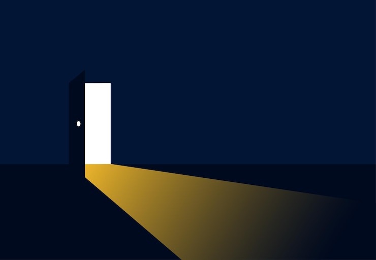 Vetor a porta aberta da escuridão para a luz esperança conceito novas possibilidades ilustração vetorial