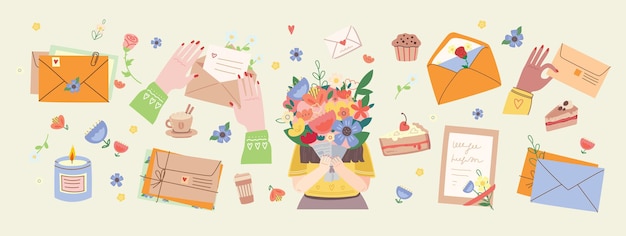 A primavera está no ar. Linda garota segurando um buquê de flores. Ilustração em vetor estoque. Design para o feriado da primavera, aniversário.