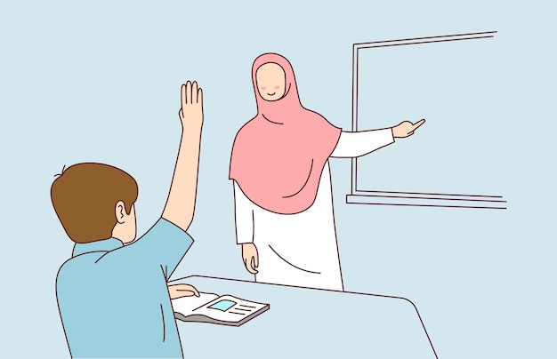 Vetor a professora de hijab pediu aos alunos que os alunos levantassem as mãos para responder à pergunta