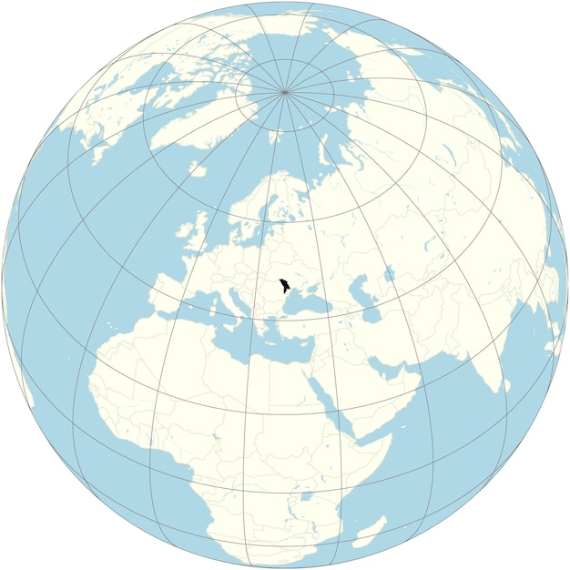 Vetor a projeção ortográfica do mapa do mundo com a moldávia no seu centro, um país sem litoral no leste