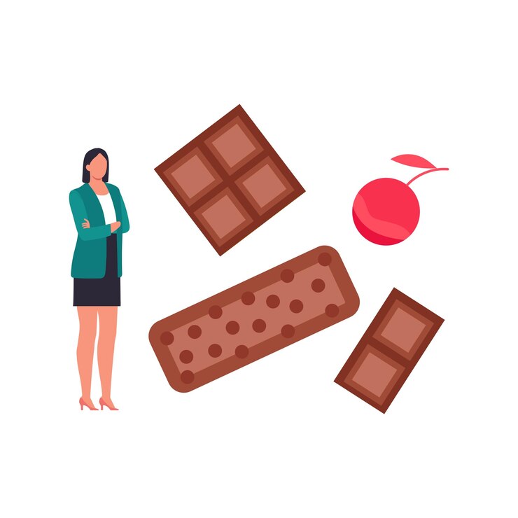 Vetor a rapariga está de pé perto dos chocolates.