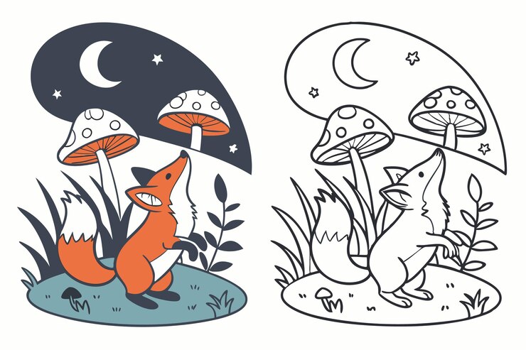 A raposa olhando para a lua numa floresta de cogumelos