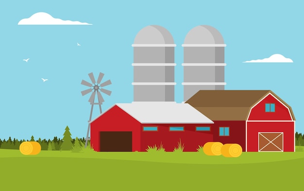 A scenic farm with a barn silos and hay bales under a clear sky