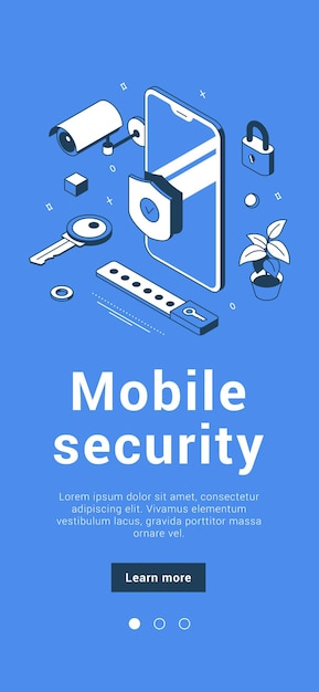 A segurança móvel moderna protege o smartphone contra roubos e ataques de hackers banner ilustração vetorial isométrica. tecnologia da internet serviço de conexão privada segura do ciberespaço bancário automático