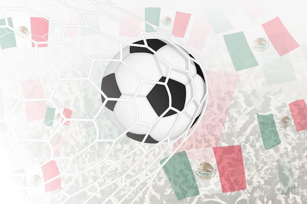 A seleção nacional de futebol do méxico marcou um gol. a bola na rede do gol, enquanto os torcedores de futebal estão agitando a bandeira do méxico ao fundo.