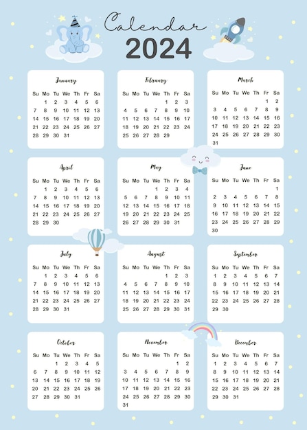 Vetor a semana do calendário da mesa de 2024 começa no domingo com desenhos animados que usam para tamanho a4 a5 digital e imprimível vertical