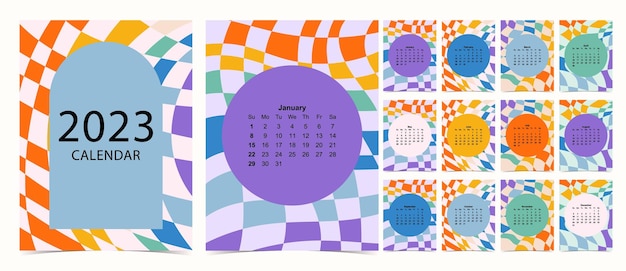 Vetor a semana do calendário de mesa 2023 começa no domingo com groovy e arco-íris que usam para tamanho a4 a5 digital e imprimível vertical