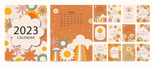 Vetor a semana do calendário de mesa 2023 começa no domingo com groovy e flor que usa para tamanho a4 a5 digital e imprimível vertical