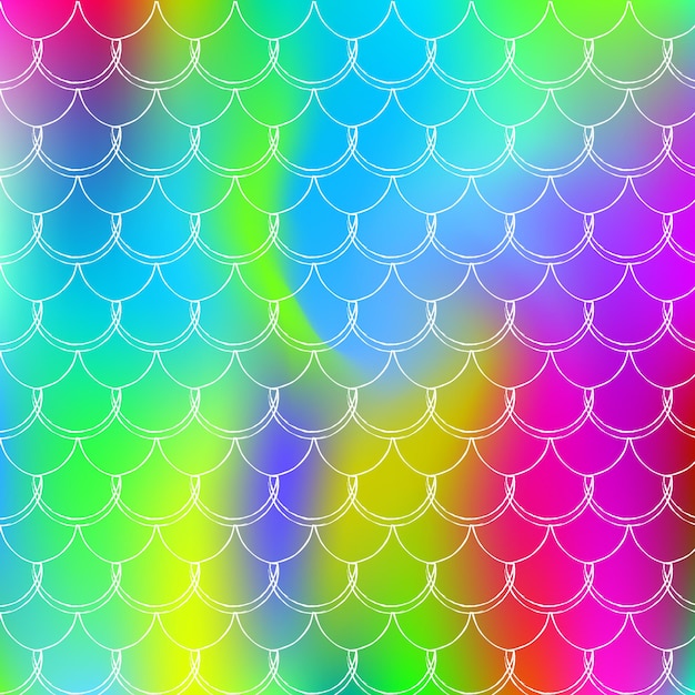 A sereia escala o fundo com gradiente holográfico. Transições de cores brilhantes. Banner e convite de cauda de peixe. Padrão subaquático e mar para festa feminina. Cenário iridescente com escamas de sereia.