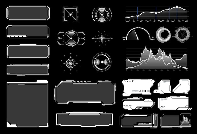 A set of scifi modern user interface elements such as sight frame button diagrams graphs Futuristic abstract HUD Dashboard display virtual reality technology screen Vector illustration