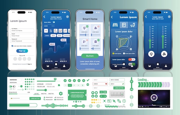 A set of UI UX elements for smart home management mobile apps an interface with buttons panels graphs and navigation for monitoring and controlling automation systems