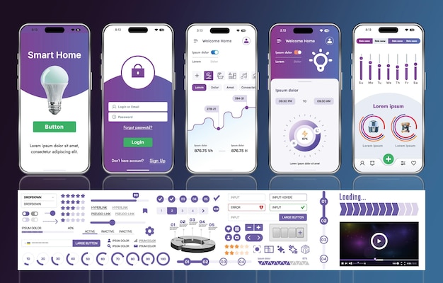 A set of UI UX elements for smart home management mobile apps an interface with buttons panels graphs and navigation for monitoring and controlling automation systems