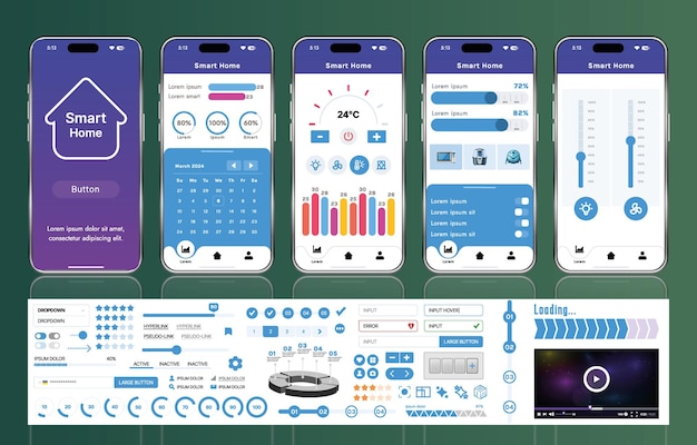 A set of UI UX elements for smart home management mobile apps an interface with buttons panels graphs and navigation for monitoring and controlling automation systems