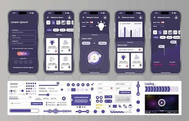 A set of UI UX elements for smart home management mobile apps an interface with buttons panels graphs and navigation for monitoring and controlling automation systems