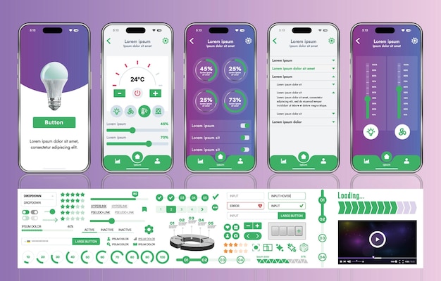 A set of UI UX elements for smart home management mobile apps an interface with buttons panels graphs and navigation for monitoring and controlling automation systems
