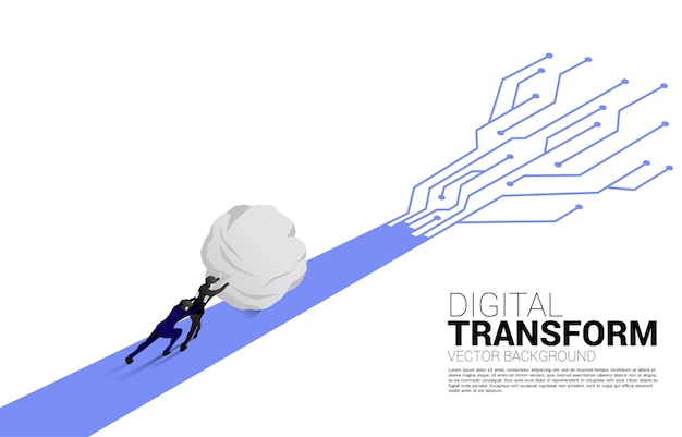 A silhueta do empresário empurra a pedra no caminho com o conceito de circuito de linha de conexão de pontos da transformação digital dos negócios