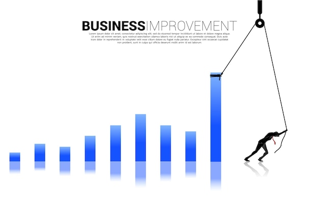A silhueta do empresário levanta o gráfico de negócios com corda e carretel. conceito de melhoria de negócios.