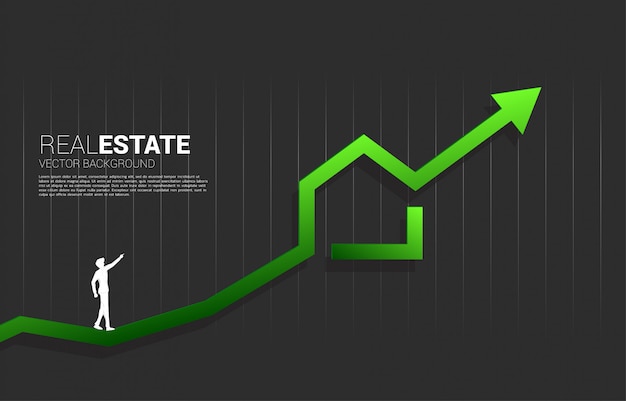 A silhueta do homem de negócios aponta até o ícone home verde com gráfico crescente. Conceito de investimento de sucesso e crescimento em negócios imobiliários