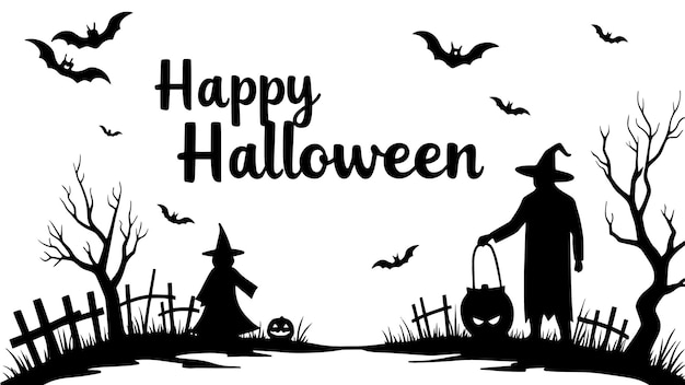 A silhueta preta de Happy Halloween é isolada em um fundo branco Ilustração vetorial