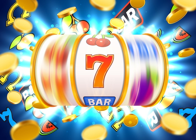 A slot machine dourada com moedas de ouro voadoras ganha o jackpot. grande vitória