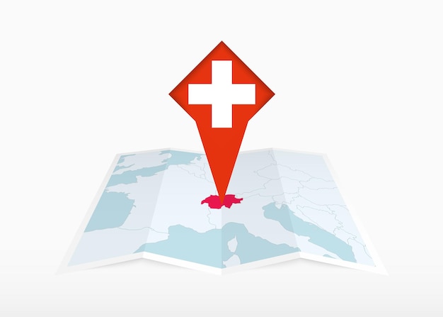 A suíça é representada num mapa de papel dobrado e um marcador de localização com a bandeira da suíça