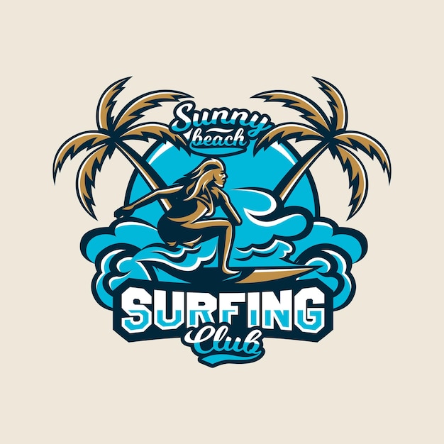 A surfista do adesivo do logotipo colorido está à deriva nas ondas ilustração vetorial impressão de camiseta