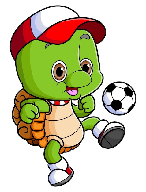 A tartaruga feliz com o chapéu está jogando o futebol da ilustração