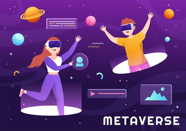 A tecnologia de realidade virtual digital metaverse usa óculos vr na ilustração desenhada à mão