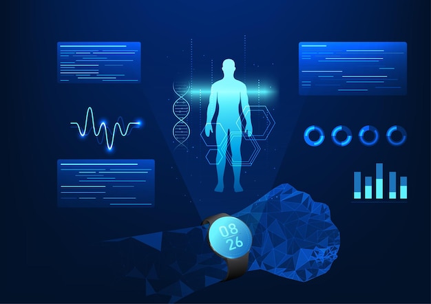 A tecnologia de relógio inteligente é um relógio de pulso que projeta um holograma de dados do corpo da frequência cardíaca e tem
