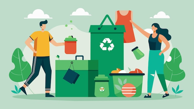 Vetor a troca de roupas de treino eco-consciente é um evento de desperdício zero com sacos e recipientes reutilizáveis