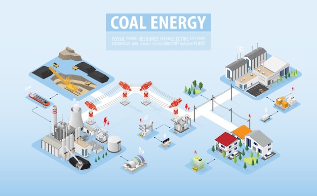 A usina de carvão de energia de carvão com gráfico isométrico