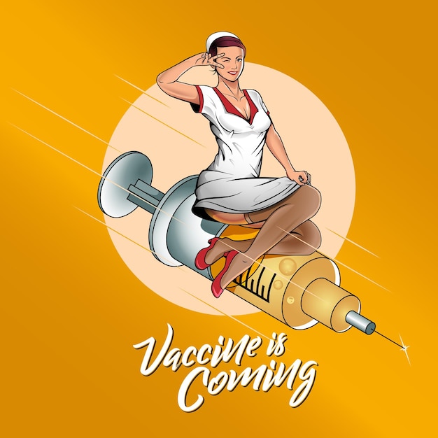 Vetor a vacina está chegando ilustração de garota pin up