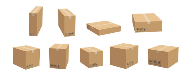 A variedade de caixas de papelão em diferentes perspectivas