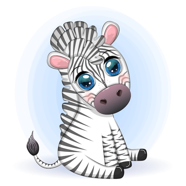 A zebra bonito dos desenhos animados está sentada e acenando o rabo personagem infantil