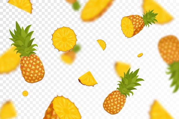 Abacaxis voadores sem costura de fundo com frutos de abacaxi inteiros e fatiados abacaxis caindo com efeito desfocado ilustração vetorial 3d realista isolada em fundo transparente