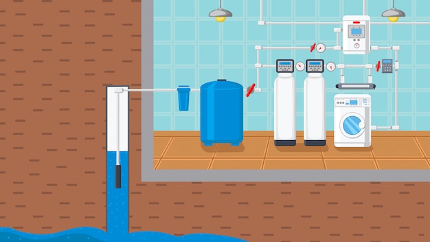 Vetor abastecimento de água e ilustração do sistema de purificação
