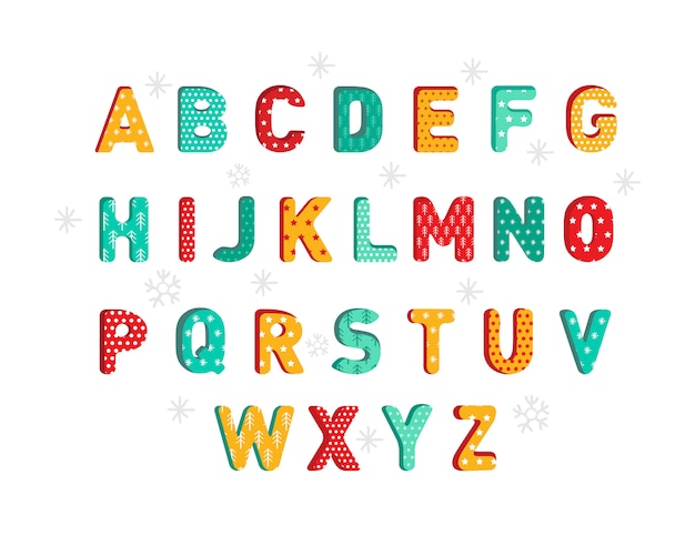 Abc. ano novo colorido ou alfabeto de natal isolado no fundo branco. letras 3d em estilo de férias infantil. detalhe alto da fonte em quadrinhos amarela, verde e vermelha criativa. ilustração dos desenhos animados