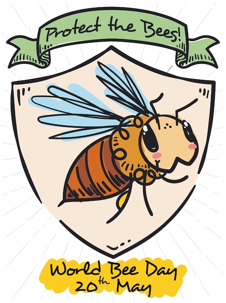 Vetor abelha bonita dentro de um escudo com fita de saudação promovendo a celebração do dia mundial das abelhas em 20 de maio