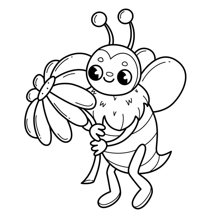 Vetor abelha com flor livro de colorir para crianças página de colorir com abelha ilustração preto e branco