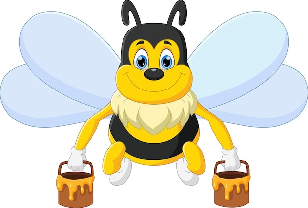Vetor abelha de desenho animado carregando mel em um balde