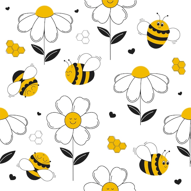 Vetor abelha e flor no fundo branco belo padrão perfeito com abelhas