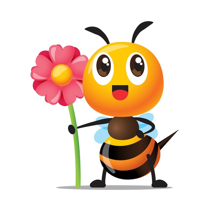Vetor abelha fofa segurando uma grande flor rosa