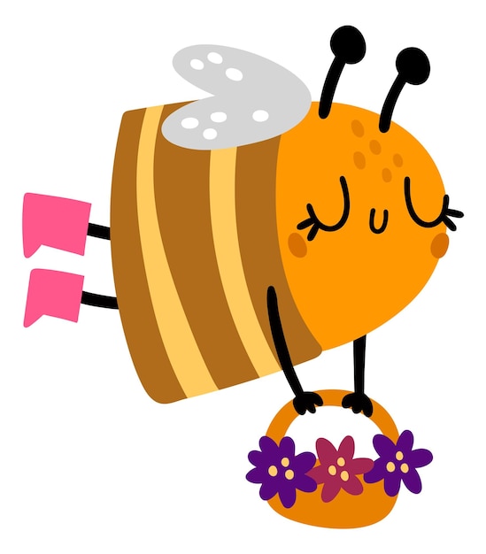 Vetor abelha voando com cesta de flores inseto fofo