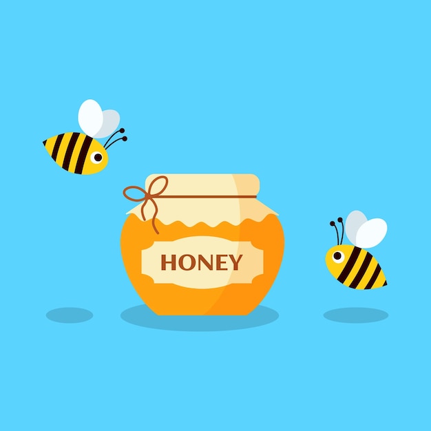 Vetor abelhas de desenho vetorial voando em torno de um pote cheio de mel