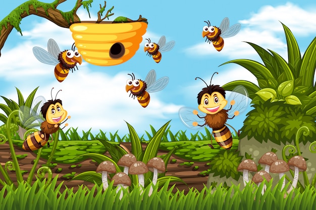 Vetor abelhas e colmeia na cena da selva