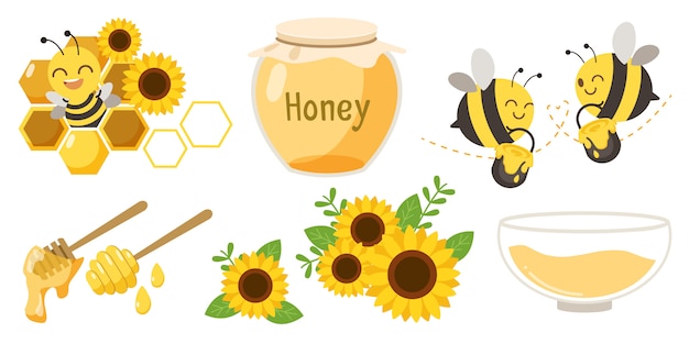 Abelhas, potes de mel e conjunto de flores