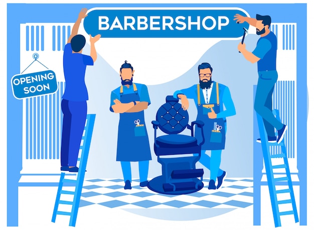 Vetor abertura de barbearia, trabalhadores pendurados tabuleta