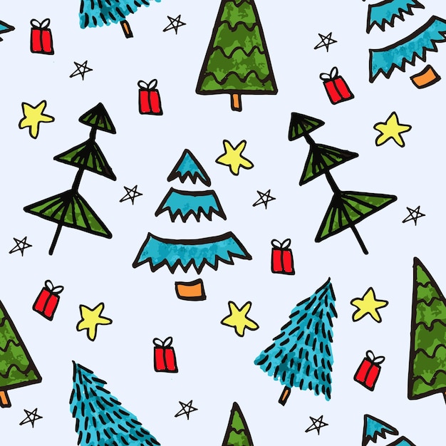 Abetos verdes e azuis em um fundo azul com estrelas de caixa de presente Natal Padrão sem emenda de design de ano novo de floresta de desenhos animados de inverno para embrulho de cartões postais